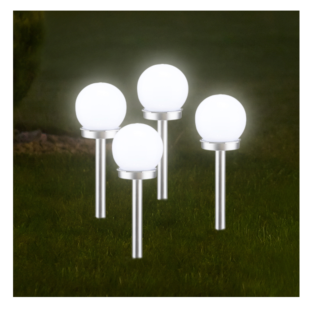 LED solární zápich plast koule 10 cm, výška 37 cm bílé světlo sada 4 ks